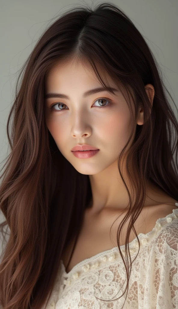 portrait of a girl ((long brunette wavy and curly hair), blushed, looking at the camera midshot, professional photography, ultra sharp focus, very beautiful, ocean blue eyes