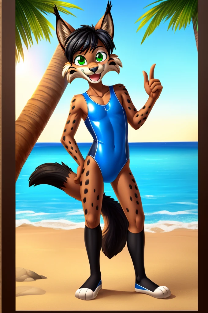 Lynx cartoon guy slim skinny in a blue lycra swimsuit on the beach with a happy face green eyes black hair black fingers big black feet striped tail fluffy full length