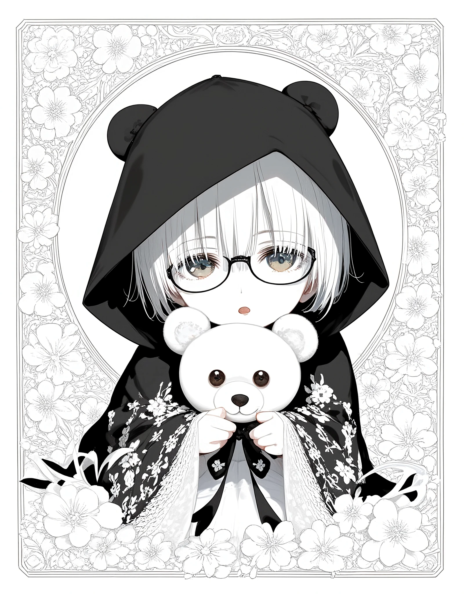 
Delicate drawing with very fine lines. A girl\(chibi,white skinned,short white hear,black bear-eared hood,black glasses\) wearing a black robe\(decorated by so many beautiful white delicate floral laces\) and a white dress (cute ruffles and ribbons) is crouched and hidden behind a teddy-bear wearing a black ribbon and peeping at viewer. In the background, many kinds of flowers are beautifully arranged in a geometric pattern reminiscent of the Tarot.close up of girl