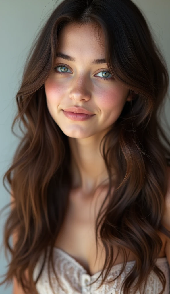 portrait of a girl ((long brunette wavy and curly hair), blushed, looking at the camera midshot, professional photography, ultra sharp focus, very beautiful, ocean blue eyes