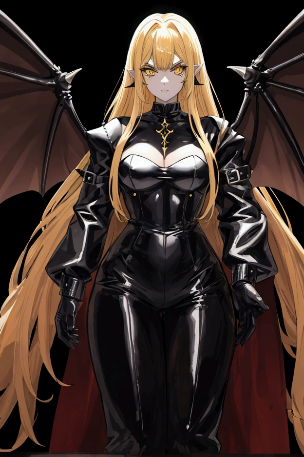 lucifer, woman, 1990s style, ultra-detailed, ultrasharp, ultradetailed, perfect quality, masterpiece, intricated details, realistic, long black dress, high heels, full body, medium blonde hair, bright white background, (plain background)
