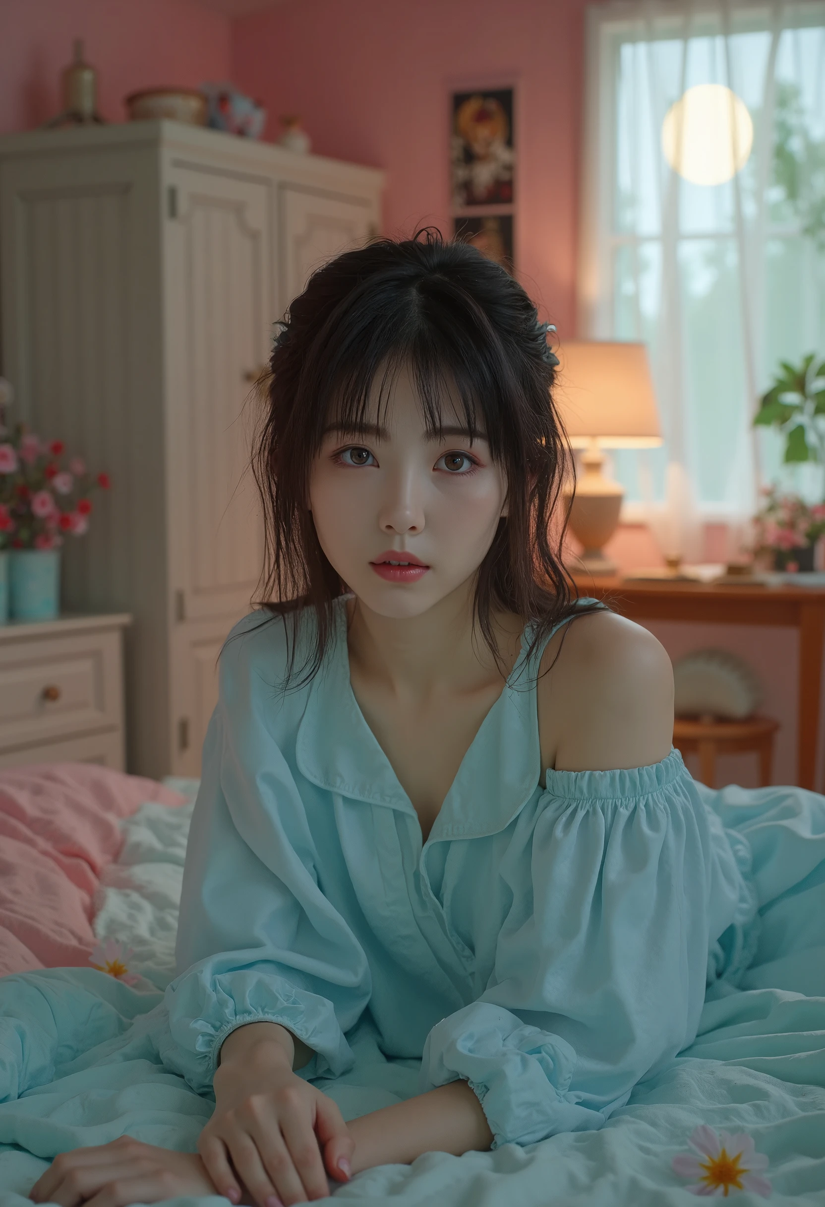 (masterpiece, real: 1.4), (very complex: 1.2), (upper body: 1.2), (from the front: 1.3), silk underwear (light blue, high-class and fashionable, skin-fitted) with shoulder straps hanging on one arm, long hair, chest, hotel, looking at the viewer, the expression is a little embarrassed Japan about 17 years old, fashionable makeup, tilting of the head, Sitting in the middle of the hotel elegant snow white sheet bed, one girl, solo, ultra high definition, 8K UHD, film grain, perfect human, exquisitely detailed skin, delicate, high resolution