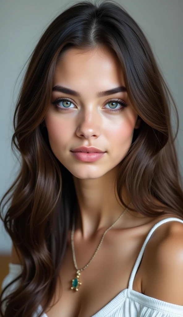 portrait of a girl ((long brunette wavy and curly hair), blushed, looking at the camera midshot, professional photography, ultra sharp focus, very beautiful, ocean blue eyes