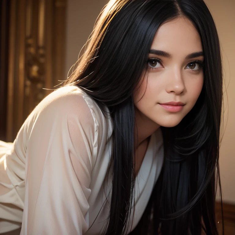  A smiling woman with long black hair., Wearing a white shirt, long white skirt, very detailed full body shot ,  beautiful detailed eyes , Detailed beautiful lips ,  extremely detailed eyes and face, Long eyelashes, elegant pose,  warm lighting , Photo realistic, 8K, High quality, detailed painting,  oil on canvas ,  masterpiece, suave, Delicate, natural colors, cinematic,  dramatic lighting 