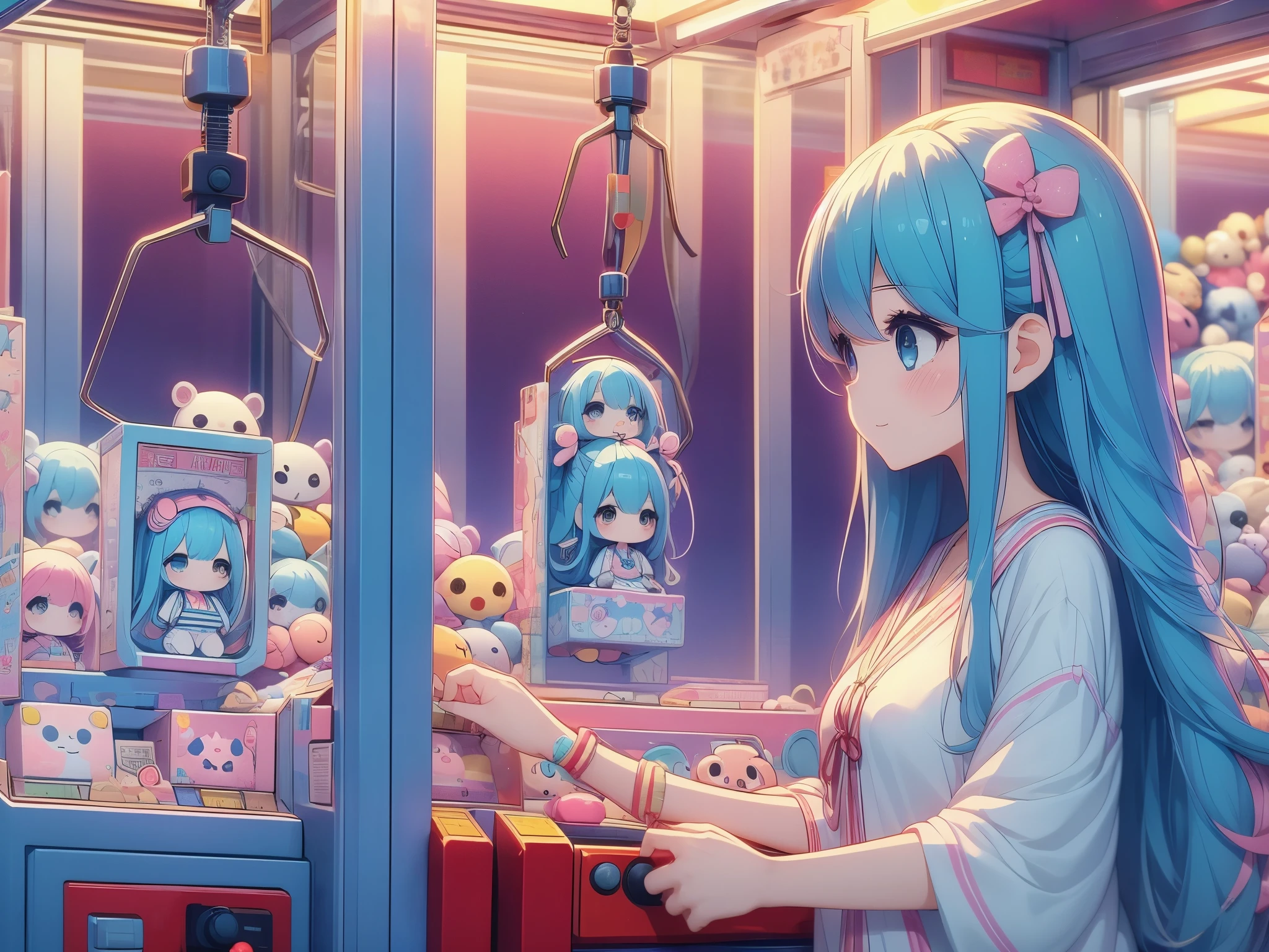 Crane games、 operating a stick in front of lots of stuffed animals、Smiling face、 long light blue hair 、Twin-tailed Girl, Cute Costumes、Cute realistic portrait,, change, Cute, colorful and adorable ,  cute girl , Cute artwork, 