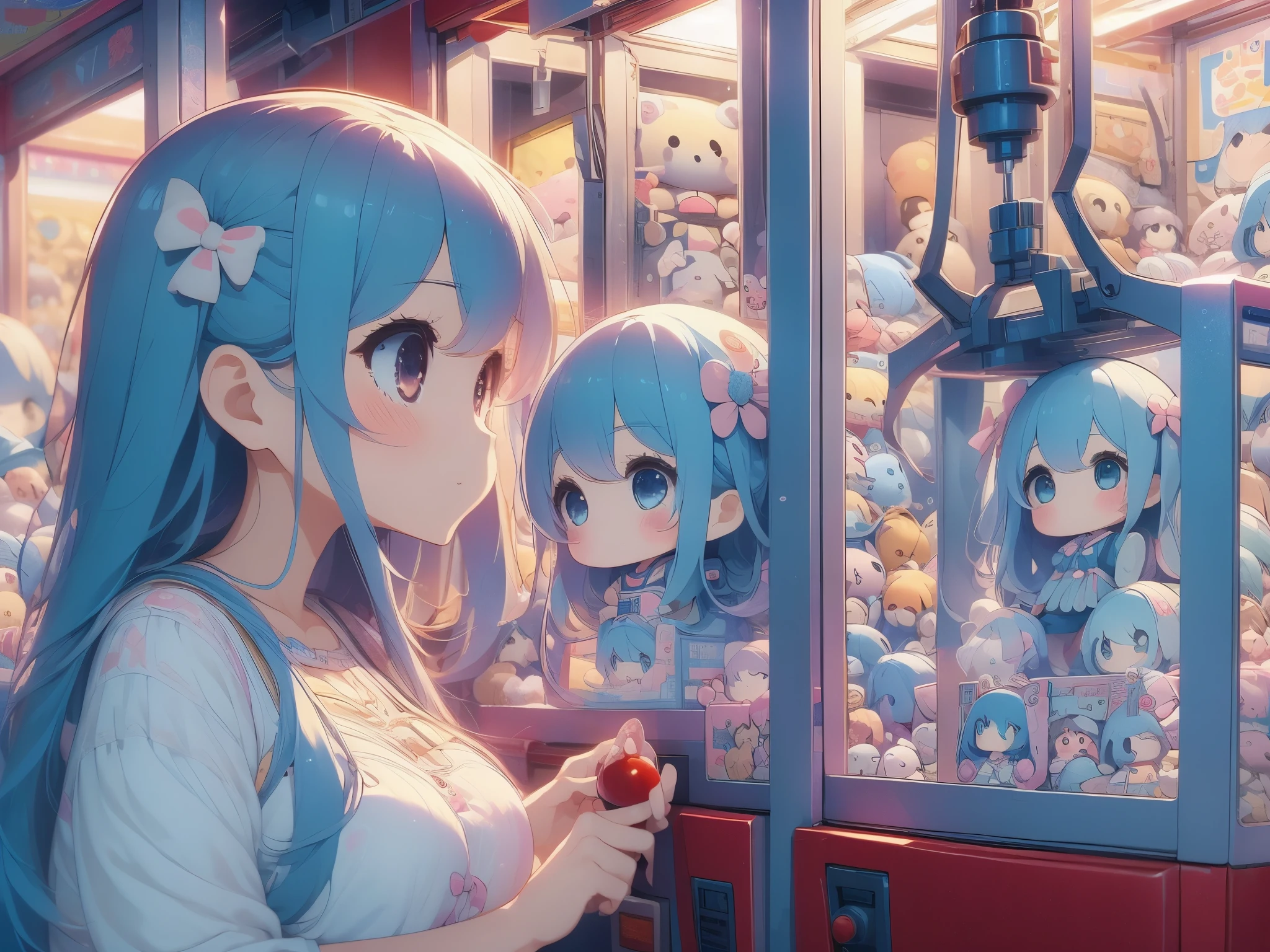 Crane games、 operating a stick in front of lots of stuffed animals、smile、 long light blue hair 、Twin-tailed Girl, Cute Costumes、Cute realistic portrait,, change, Cute, colorful and adorable ,  cute girl , Cute artwork, 