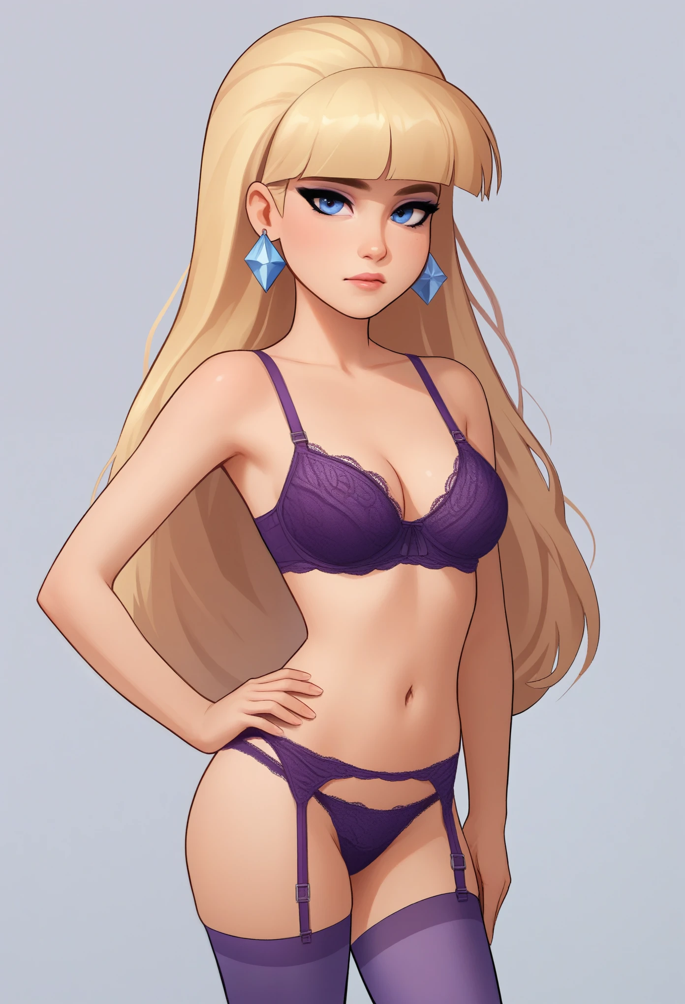 account_9, account_8_ex, account_7_ex, account_6_ex, account_5_ex, account_4_ex,pacifica, 1girl, solo, long blonde hair with bangs,empty background,hand on hip,dark blue eyes, purple shadows,round lavender earrings,looking at the viewer,(((purple lace bra))),(((purple lace panties))),(((purple stockings with garters))),standing straight,front view