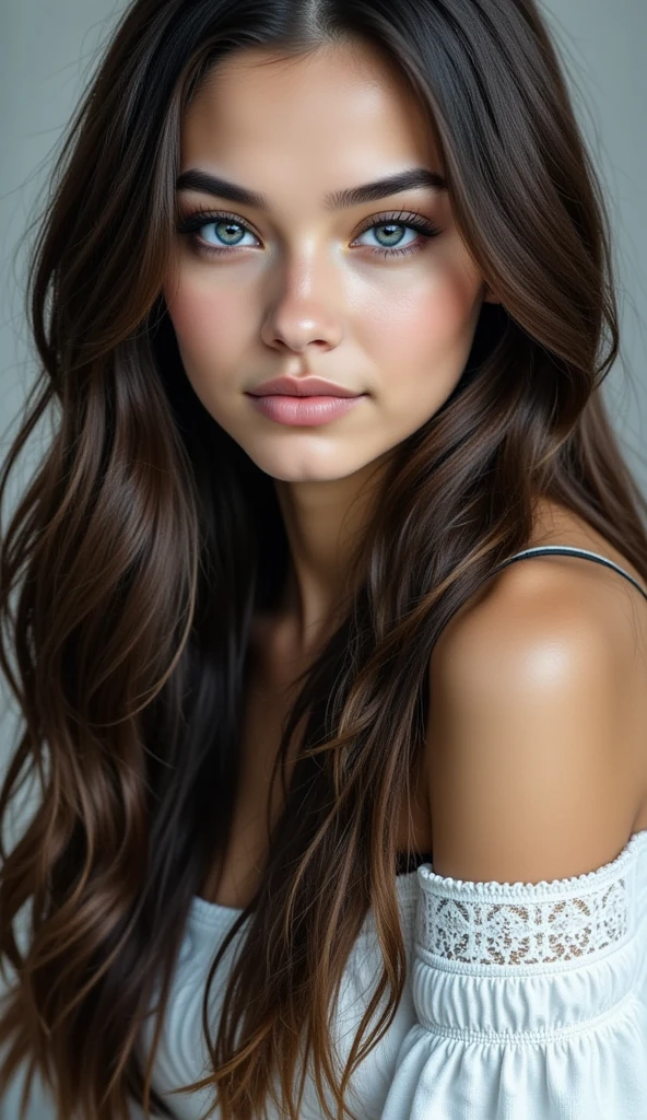 portrait of a girl ((long brunette wavy and curly hair), blushed, looking at the camera midshot, professional photography, ultra sharp focus, very beautiful, ocean blue eyes