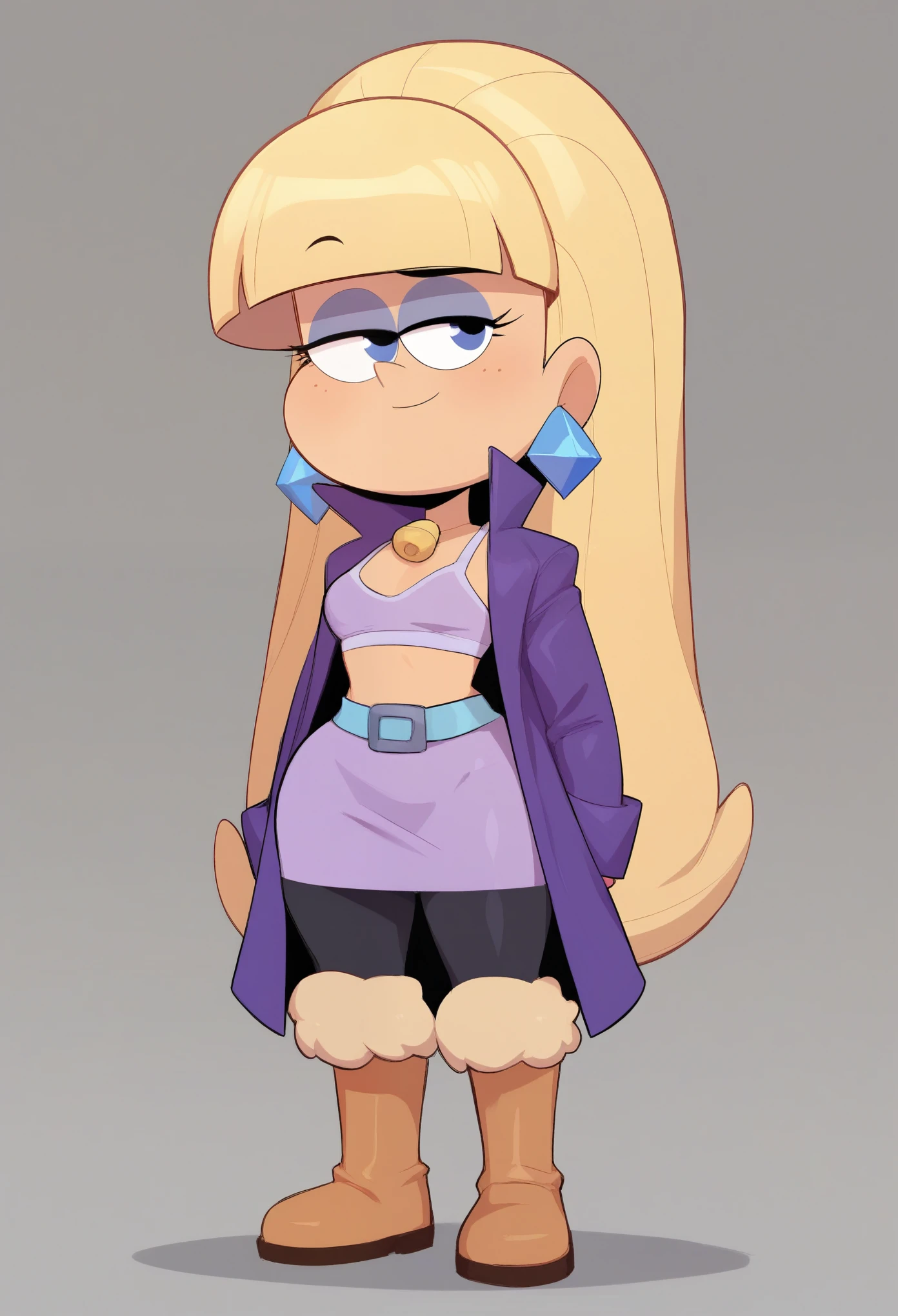 Pacifica Northwest. Small sagging breasts. huge hips. thin body, long blond hair with bell-shaped bangs and dark blue eyes. a purple jacket with a short lavender dress, a periwinkle belt and black leggings with cream boots. She also has thick purple eye shadow and lavender ring earrings. bra
