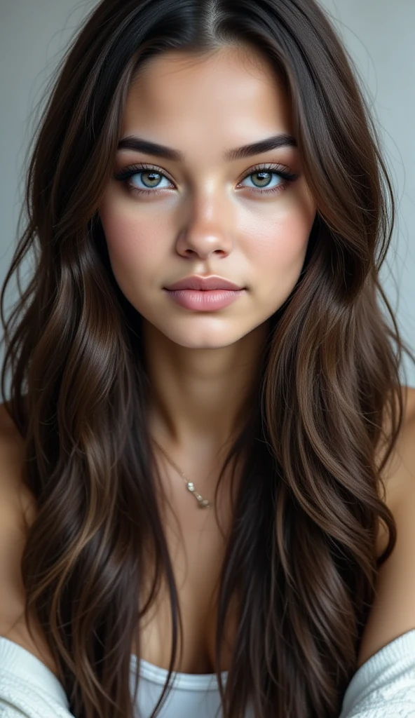 portrait of a girl ((long brunette wavy and curly hair), blushed, looking at the camera midshot, professional photography, ultra sharp focus, very beautiful, ocean blue eyes