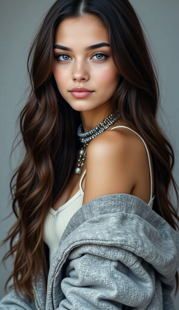 portrait of a girl ((long brunette wavy and curly hair), blushed, looking at the camera midshot, professional photography, ultra sharp focus, very beautiful, ocean blue eyes