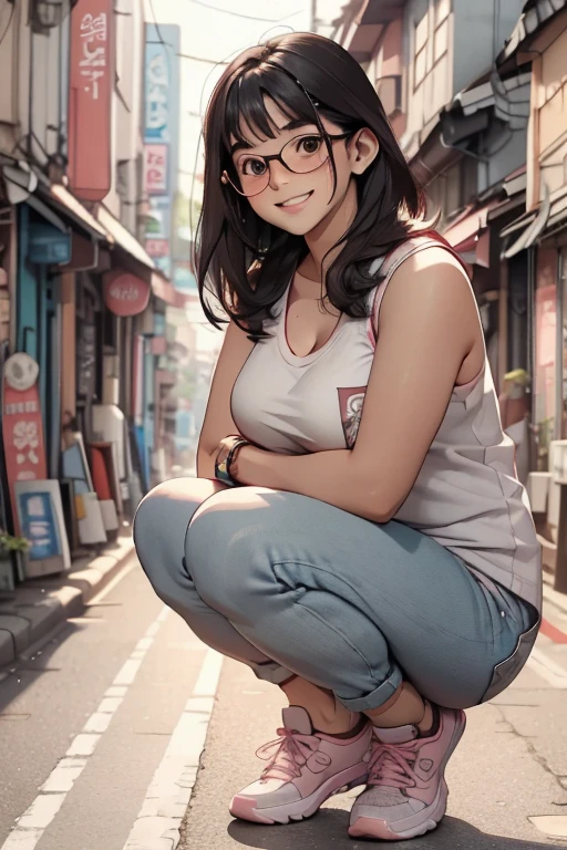 Women (25s)  pink frame glasses , Korea, chubby cheeks, Chunky cheeks , plump, plumpy body,  bangs choppy hair ,  wearing a white tank top ,  knit jeans torn at the knee , sneakers,  laughing smile  , ( shot squat pose ) - ( shot squatting poses ),  relaxed standing in the middle of asphalt road ,  quiet urban asphalt street landscape,   balanced lighting , 8K high resolution, hdr