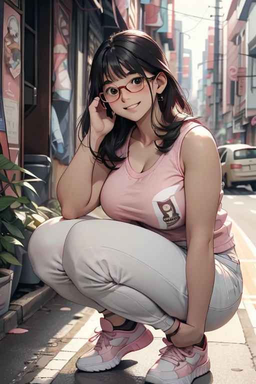 Women (25s)  pink frame glasses , Korea, chubby cheeks, Chunky cheeks , plump, plumpy body,  bangs choppy hair ,  wearing a white tank top ,  knit jeans torn at the knee , sneakers,  laughing smile  , ( shot squat pose ) - ( shot squatting poses ),  relaxed standing in the middle of asphalt road ,  quiet urban asphalt street landscape,   balanced lighting , 8K high resolution, hdr