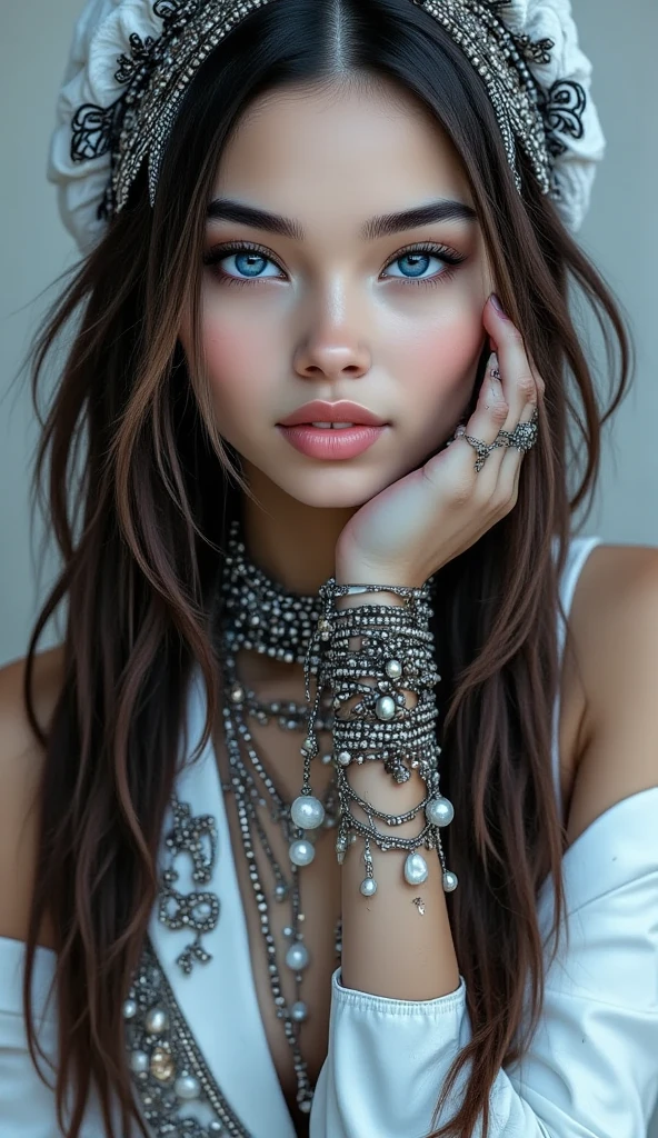 portrait of a girl ((long brunette wavy and curly hair), blushed, looking at the camera midshot, professional photography, ultra sharp focus, very beautiful, ocean blue eyes