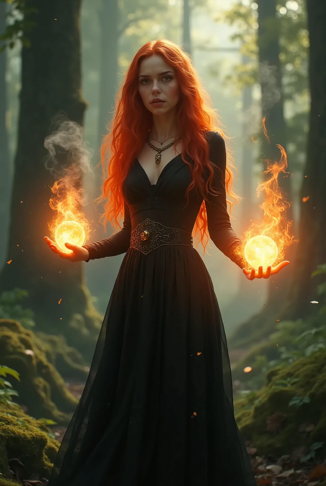 young redhead haired young woman 16 yo in black dress holding a glowing ball of fire, evil fire sorceress in the woods, casting fire spell, the sorceress casting a fireball, casting a fire spell, witch fairytale, female mage conjuring a spell, casting a flame spell, she has fire powers, witch burning, casting a powerful spell, fire spell, casting a protection spell,fotorealistic ,