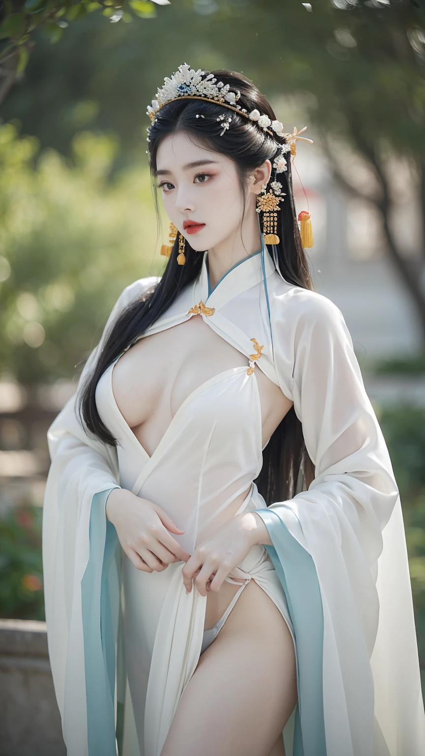 Photorealistic, high resolution, 1 woman, hips up, Beautiful eyes, Long hair, ringed eyes, jewelry, tattoo, hanfu, Chinese fairy, nude