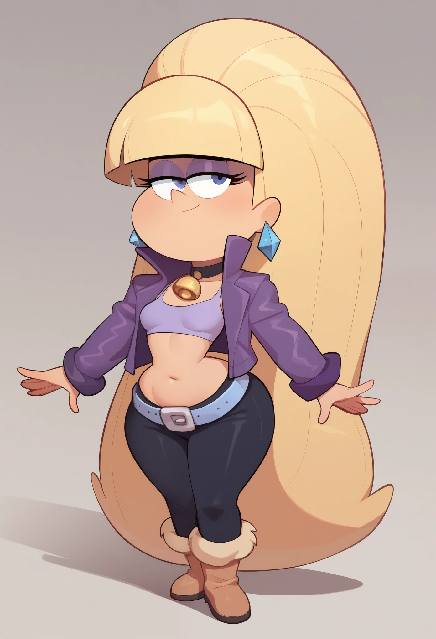 Pacifica Northwest. Small sagging breasts. huge hips. thin body, long blond hair with bell-shaped bangs and dark blue eyes. a purple jacket with a short lavender dress, a periwinkle belt and black leggings with cream boots. She also has thick purple eye shadow and lavender ring earrings. bra
