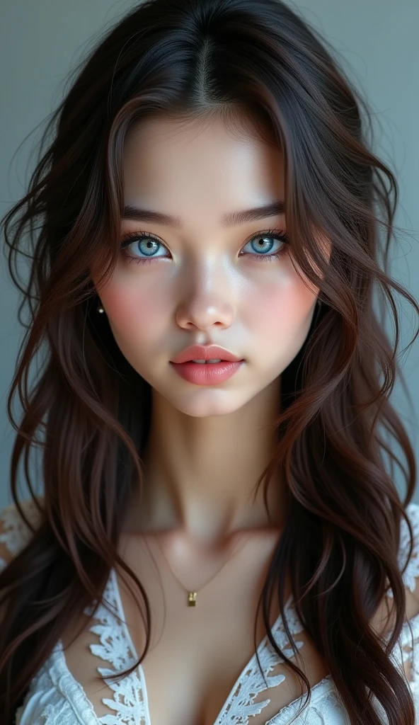 portrait of a girl ((long brunette wavy and curly hair), blushed, looking at the camera midshot, professional photography, ultra sharp focus, very beautiful, ocean blue eyes