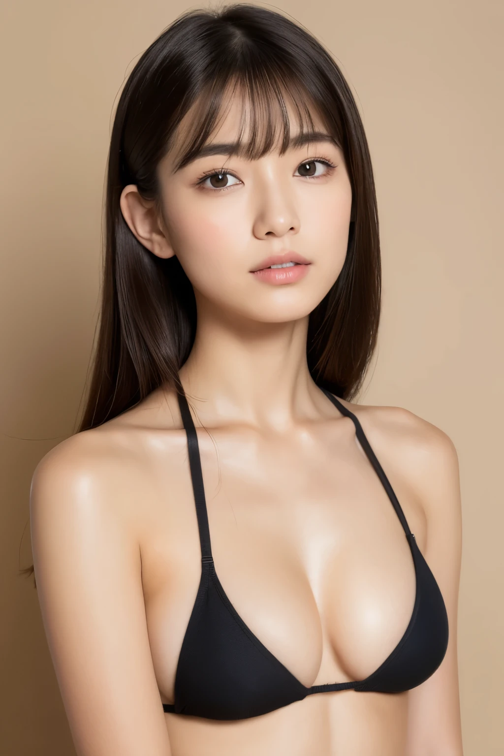 ((最high quality, 8k, masterpiece :1.3)), （（Super big breasts））,（whole bodyの写真）,((Emphasis on breasts)) ,Woman in her 20s、whole body、Light brown hair, Blunt bangs, Hair behind the ear, Hair that falls over the shoulders, Long Hair, Ultra Fine Face, Thin face, Delicate lips,  beautiful eyes, Light blush, Light brown eyes, Perfect glowing skin, Perfect Skin, Shining Sweat, see here , Ultra-thin needle, Very thin fingers,  The optimal ratio is 4 fingers to 1 thumb, (Realistic:1.3),No accessories、White wall、First Person View, Super Detail, high quality, 最high quality,  high res、 micro bikini、Women in men&#39;s beauty salons、Bikini fabric is small