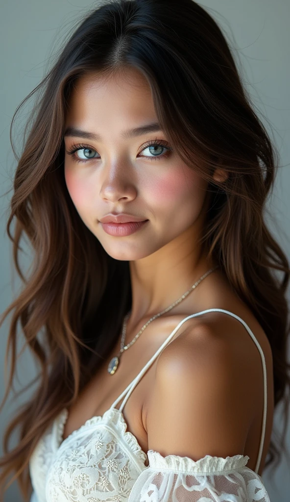 portrait of a girl ((long brunette wavy and curly hair), blushed, looking at the camera midshot, professional photography, ultra sharp focus, very beautiful, ocean blue eyes