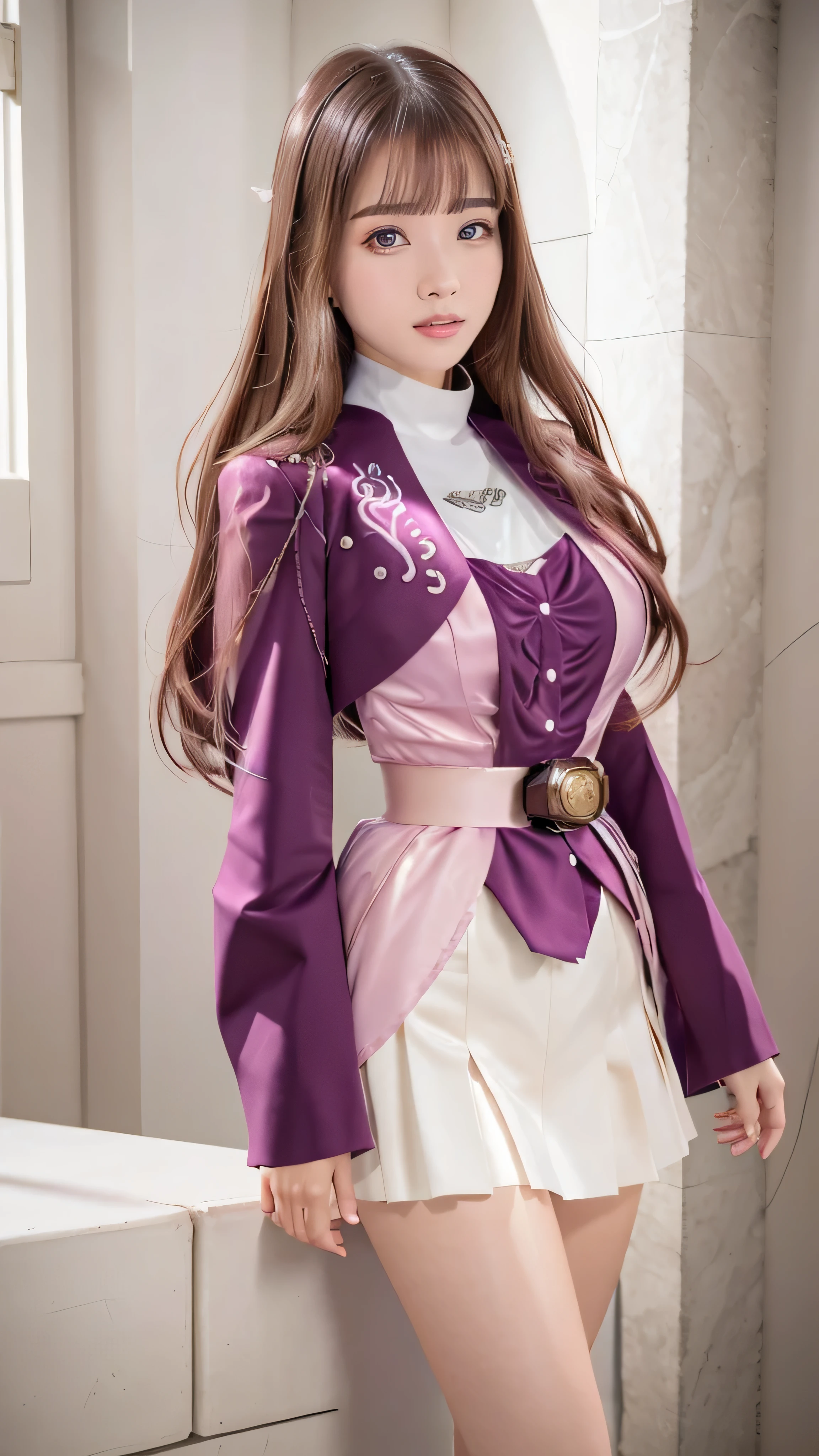 (Extremely detailed CG), (Best Quality), Front View, One Woman,  perfect face,  Shiny skin, Shiny skin, Wide Hips, Narrow waist,  May, purple bolero jacket,White Skirt,  STRAIGHT HAIR, Long sleeve, Pink Belt, Please open your mouth a little, Brown Hair, Character portrait