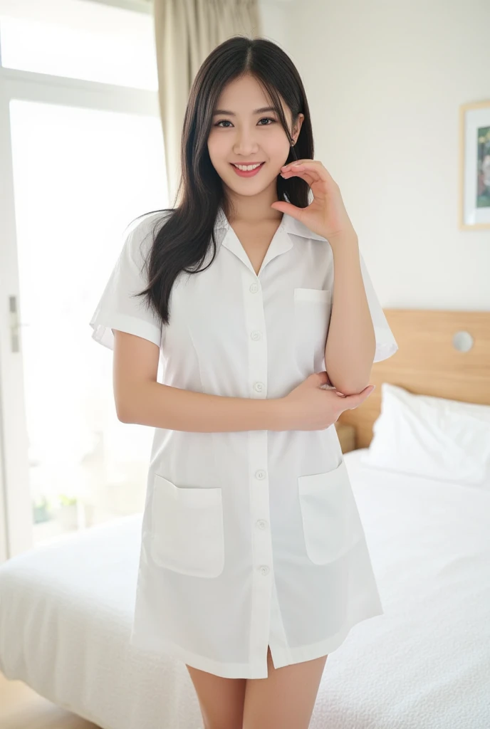 Full-body photo of a stunning Japanese woman backlit by soft light. She stands in a modern hospital bedroom making a cheekheart, exuding warmth and kindness. She is wearing an open unbuttoned nurse dress with buttons, stethoscope, and panties with a heart. Her beautiful face, with delicate features and fair skin, beams at the viewer. Her black hair falls down her back like silk, framing her slim hourglass figure. Medium breasts are perfectly proportioned to her slender physique. Her gaze meets ours, inviting us into her world of care and compassion.
