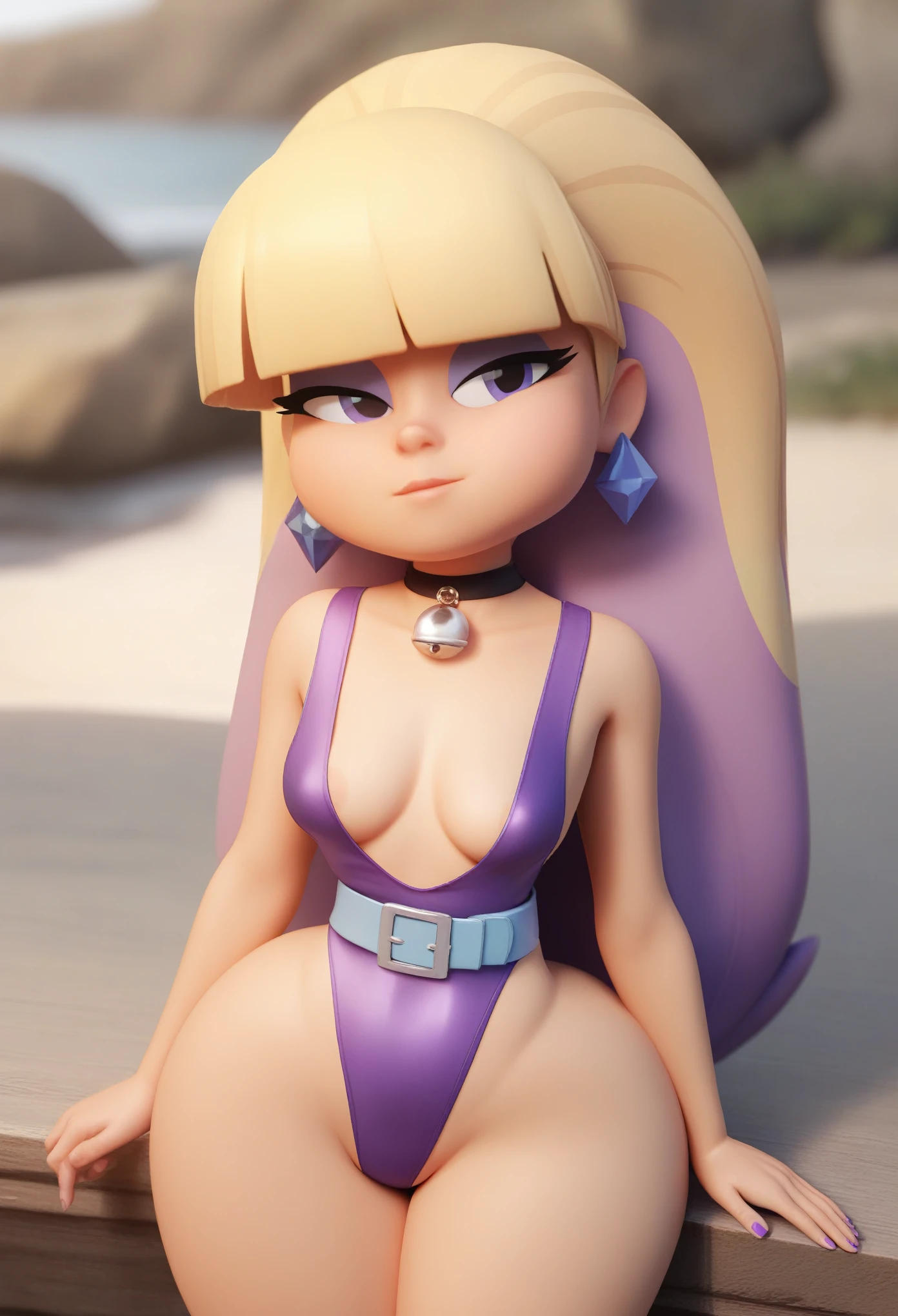 Pacifica Northwest. Small sagging breasts. huge hips. thin body, Small sagging breasts. huge hips. thin body, long blond hair with bell-shaped bangs and dark blue eyes. 
one-piece swimsuit. The choker. belt. thick purple eye shadow and lavender ring earrings. beach