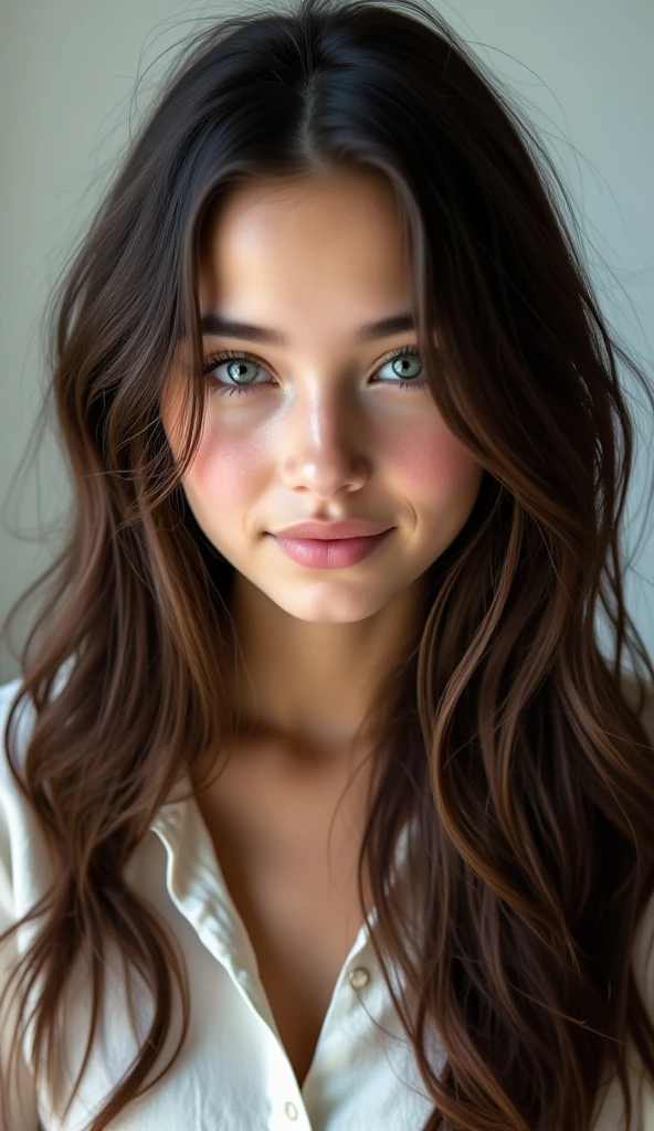 portrait of a girl ((long brunette wavy and curly hair), blushed, looking at the camera midshot, professional photography, ultra sharp focus, very beautiful, ocean blue eyes