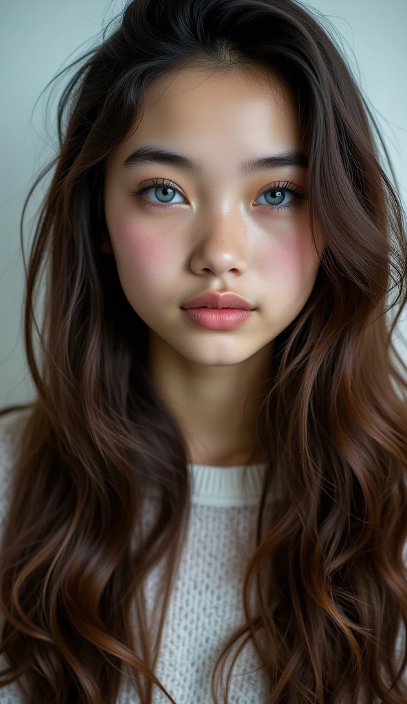 portrait of a girl ((long brunette wavy and curly hair), blushed, looking at the camera midshot, professional photography, ultra sharp focus, very beautiful, ocean blue eyes