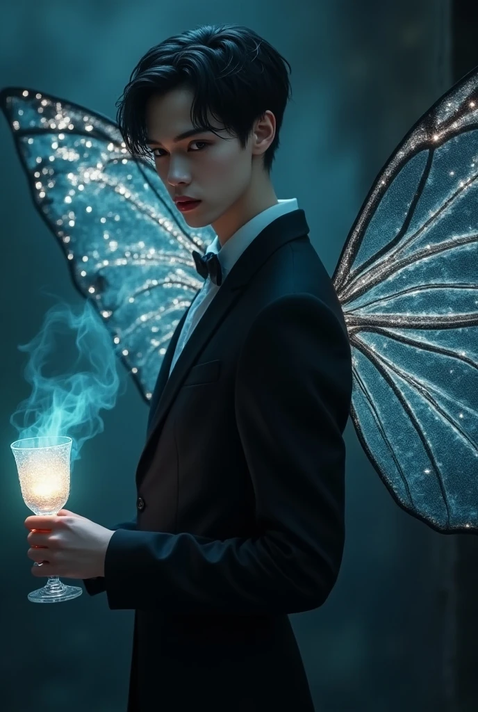 there is a man in a suit and tie standing in front of a wall,Butterfly in hand, screenshots from movies, he is wearing a suit, still from live action movie, Inspired by Zhang Han, inspired by Byeon Sang-byeok, a still of an ethereal, live-action movie scenes, korean artist, still frame from a movie