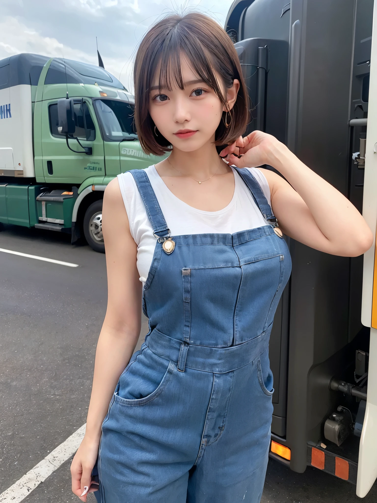 ((Top Quality, 8k, Masterpiece: 1.3)), ((1 girl)), track driver woman, (Huge Breasts:1.2), ((Blue coveralls)), standing confidently next to a semi-truck, with a determined look, standing next to a semi-truck with arms crossed and a confident look, Posing like a model, gold earring, (Women in Japan:1.05), ((short bob hair)), diffused natural skin glow, physically-based rendering, extra detailed face, Detailed skin, mole:0.1, At a highway rest stop, standing beside a large truck, with open road and sky in the background