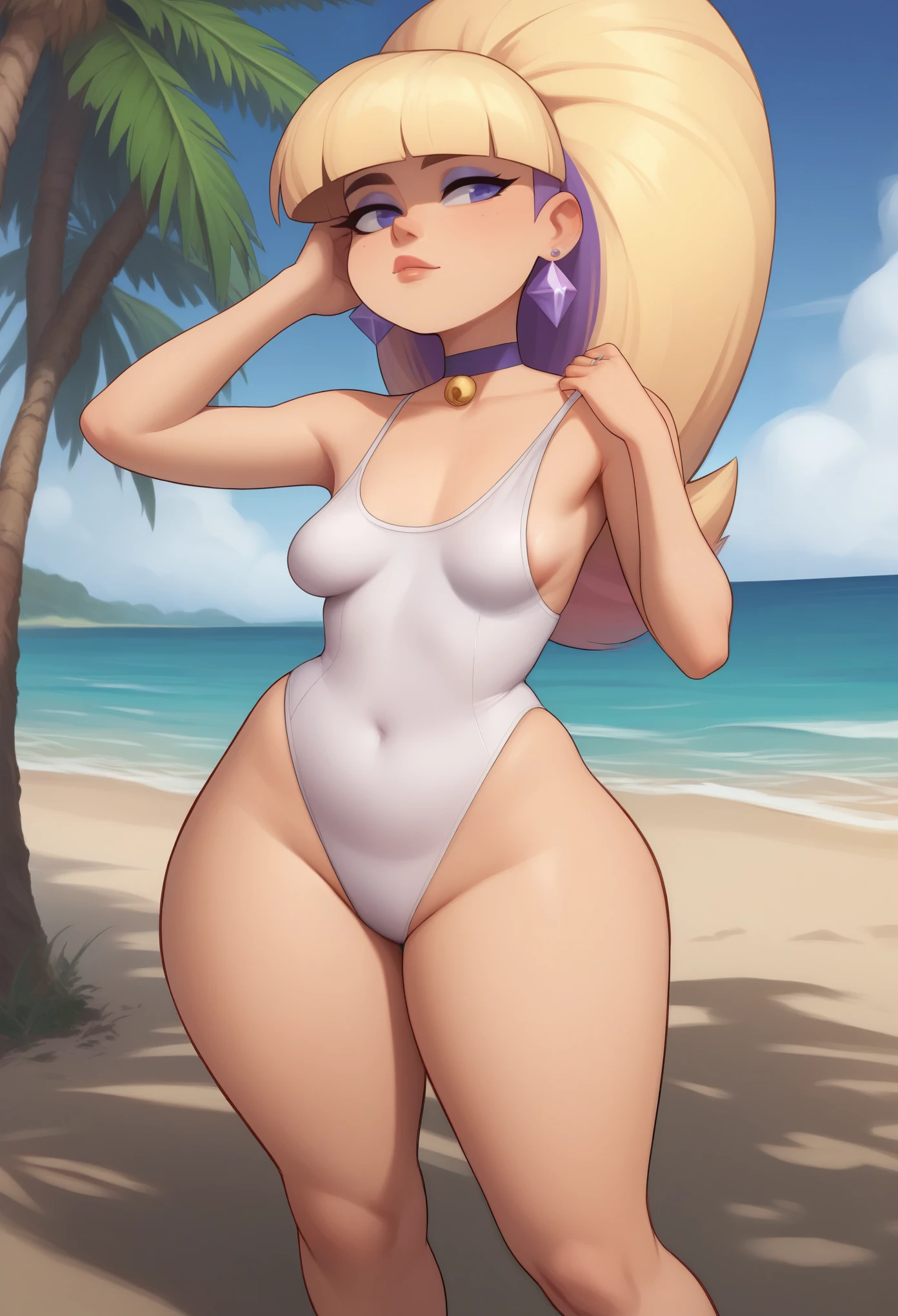 Pacifica Northwest. Small sagging breasts. huge hips. thin body, Small sagging breasts. huge hips. thin body, long blond hair with bell-shaped bangs and dark blue eyes. 
one-piece swimsuit. The choker. belt. thick purple eye shadow and lavender ring earrings. beach
