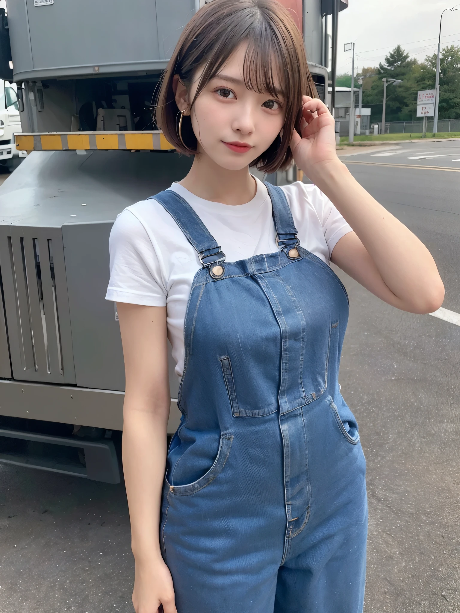 ((Top Quality, 8k, Masterpiece: 1.3)), ((1 girl)), track driver woman, (Huge Breasts:1.2), ((Blue coveralls)), standing confidently next to a semi-truck, with a determined look, standing next to a semi-truck with arms crossed and a confident look, Posing like a model, gold earring, (Women in Japan:1.05), ((short bob hair)), diffused natural skin glow, physically-based rendering, extra detailed face, Detailed skin, mole:0.1, At a highway rest stop, standing beside a large truck, with open road and sky in the background