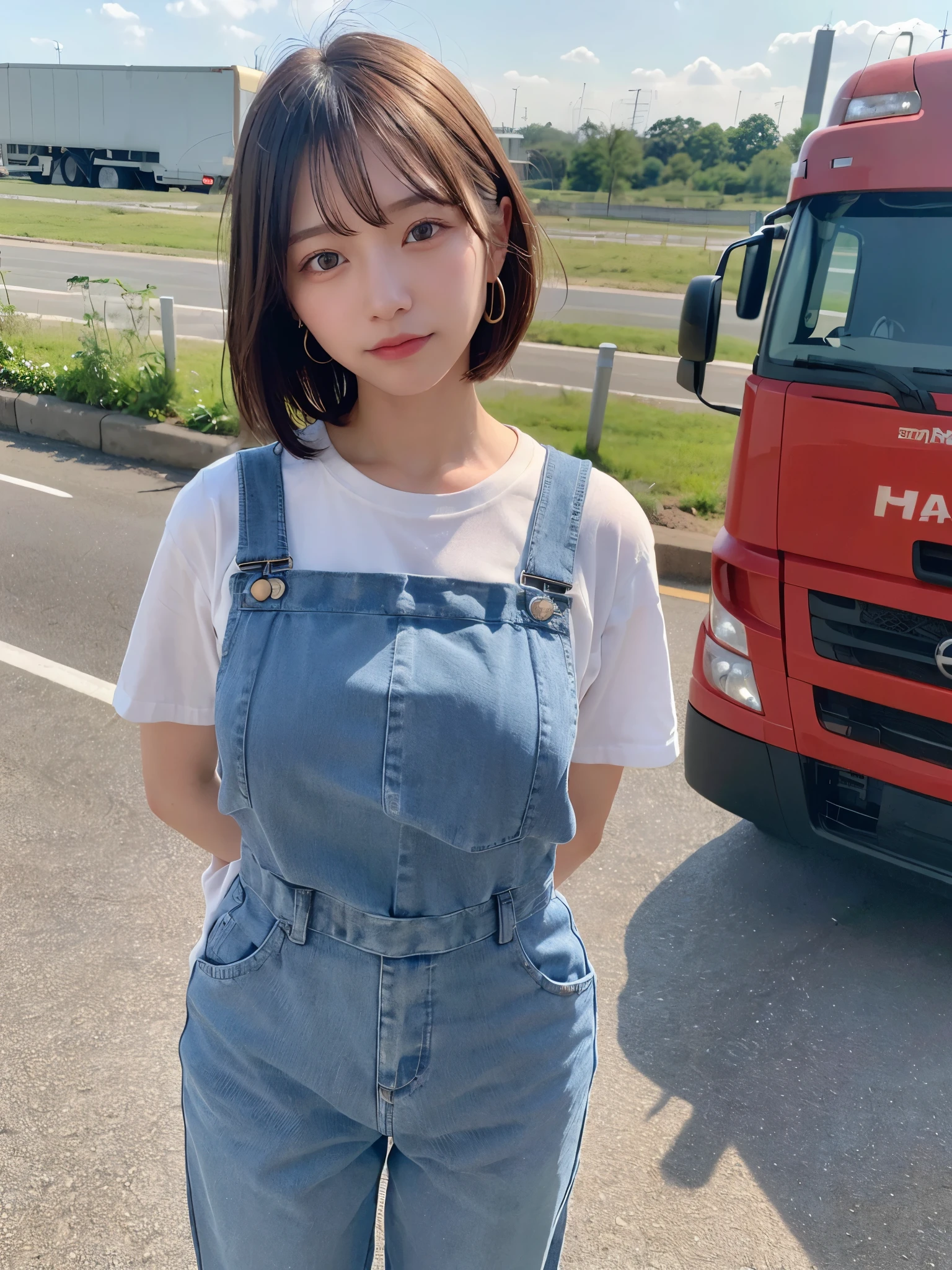 ((Top Quality, 8k, Masterpiece: 1.3)), ((1 girl)), track driver woman, (Huge Breasts:1.2), ((Blue coveralls)), standing confidently next to a semi-truck, with a determined look, standing next to a semi-truck with arms crossed and a confident look, Posing like a model, gold earring, (Women in Japan:1.05), ((short bob hair)), diffused natural skin glow, physically-based rendering, extra detailed face, Detailed skin, mole:0.1, At a highway rest stop, standing beside a large truck, with open road and sky in the background