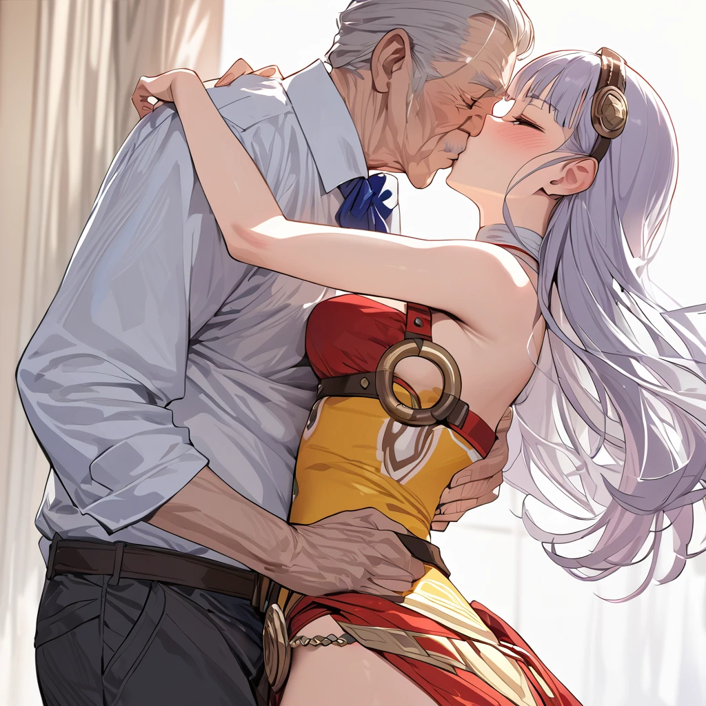 ((Best Quality)), ((masterpiece)), (detailed), （ perfect face）、 The woman is a goldship  、 a woman in a South American salsa costume ,  passionately kisses and dances with an old man ,  and the man proposes to her.