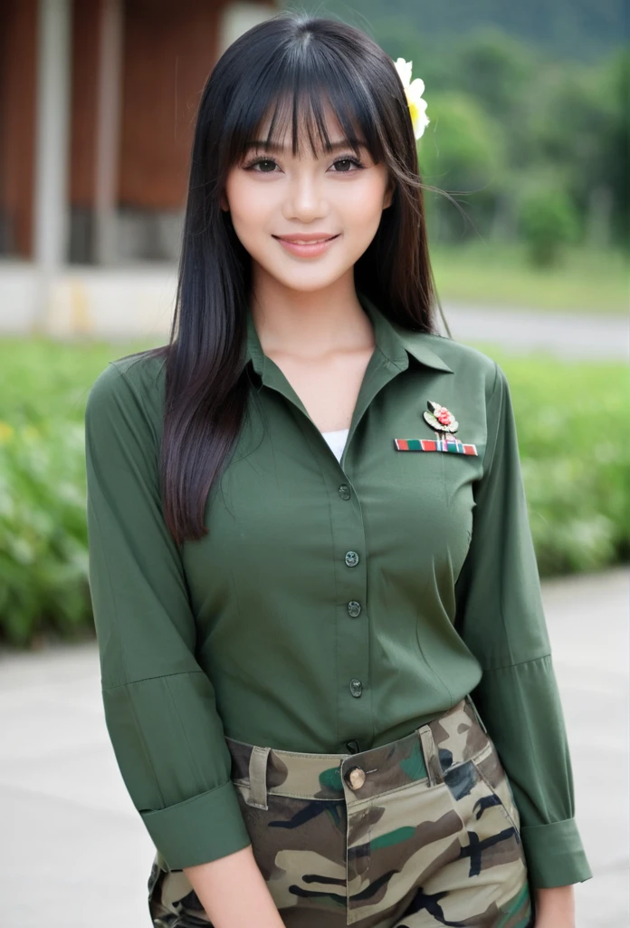 ((highest quality、8K、masterpiece:1.3))、sharp:1.2、perfect body beauty:1.4、slim body:1.2、beautiful face、Medium chest、cute smile、((Self-Defense Forces woman in her 20s:1.5))、(camouflage uniform:1.5)、(in the forest:1.2)、medium long hair、cute chestnut hair、Highly detailed face and skin texture、detailed eye、Looking at the camera、