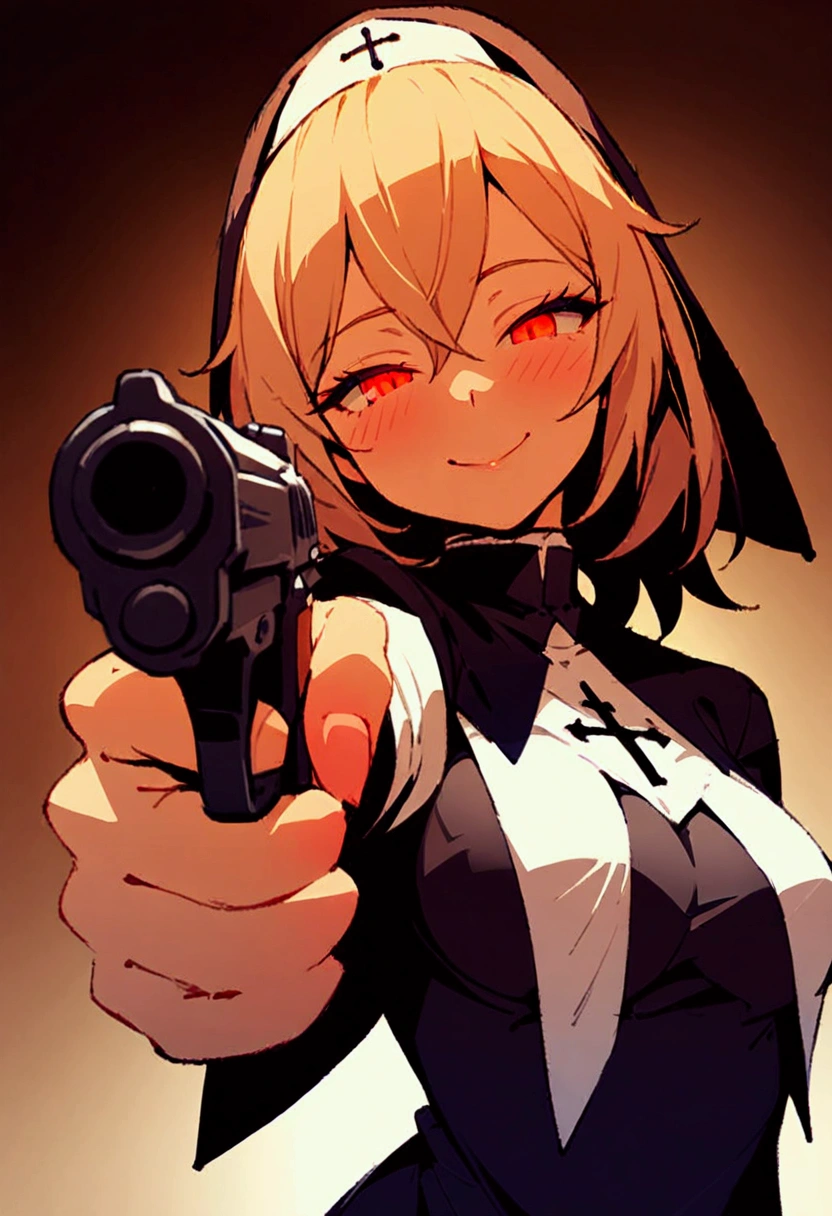 超detailed、Best Quality、masterpiece、 cartoon style、detailed、Best Quality、masterpiece、a girl、Beige Hair、smile、Half-closed eyes、Red glowing eyes、Nuns、pointing pistol、Pistol