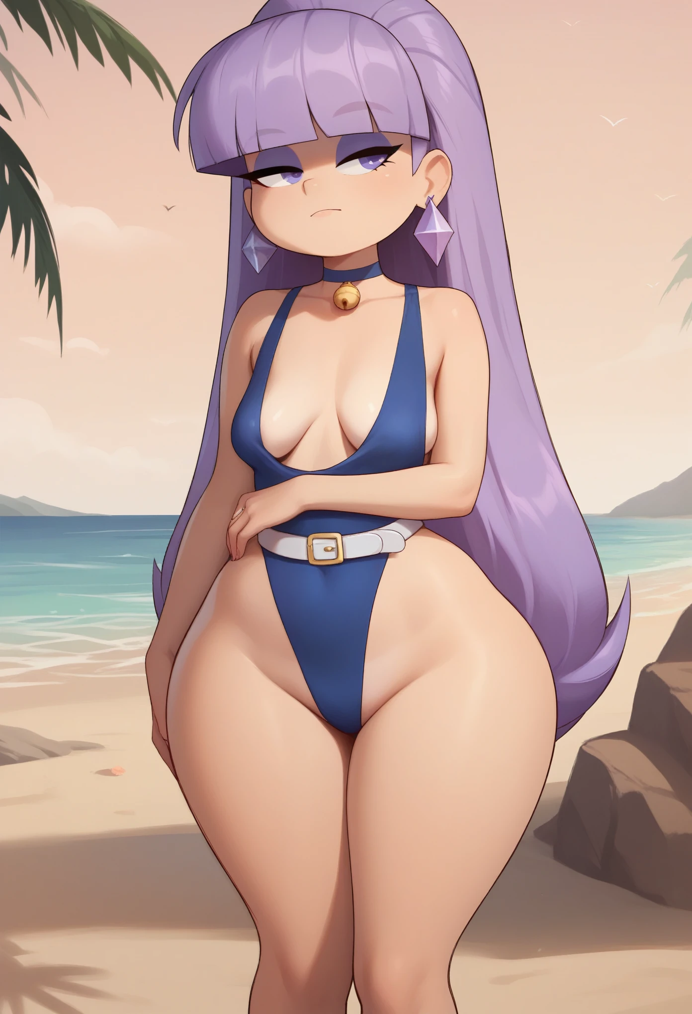 Pacifica Northwest. Small sagging breasts. huge hips. thin body, Small sagging breasts. huge hips. thin body, long blond hair with bell-shaped bangs and dark blue eyes. 
one-piece swimsuit. The choker. belt. thick purple eye shadow and lavender ring earrings. beach