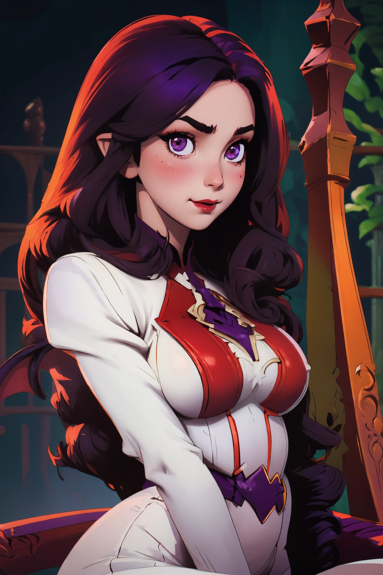 Perfect milf, high resolution, albedo from overlord, perfect face, white dress, purple long hair, devil horn, high resolution, beautiful hourglass body, big breasts, perfect, portrait, HDR, naturally full, well defined, hourglass body, soft curves, seductive posture, seductive smile, solo, sexy pose, riding, facing the viewer, perky and voluptuous body, hyper detailed, best, quality, devil wings, succubus, blush, sweat, blurry background,