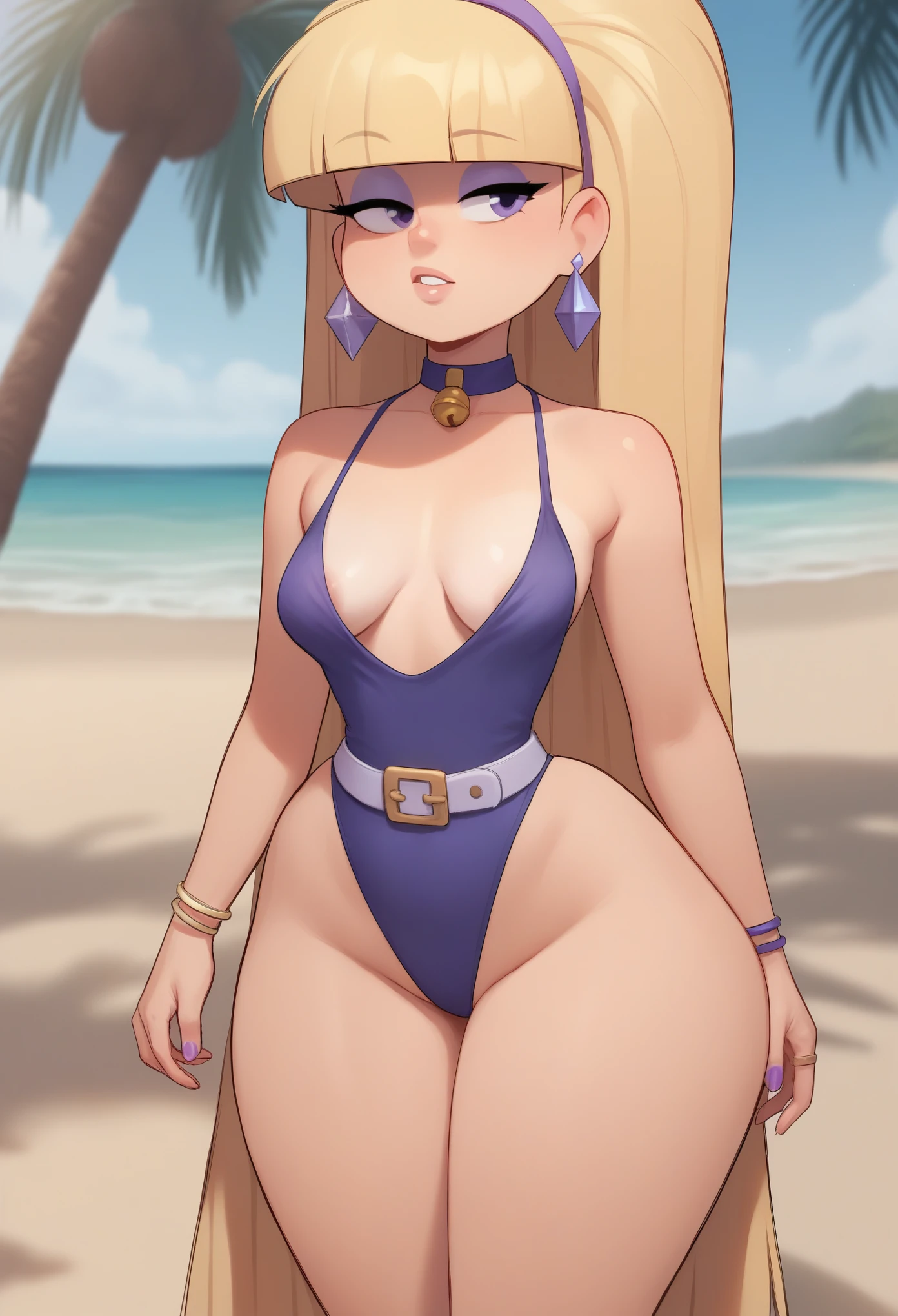 Pacifica Northwest. Small sagging breasts. huge hips. thin body, Small sagging breasts. huge hips. thin body, long blond hair with bell-shaped bangs and dark blue eyes. 
one-piece swimsuit. The choker. belt. thick purple eye shadow and lavender ring earrings. beach