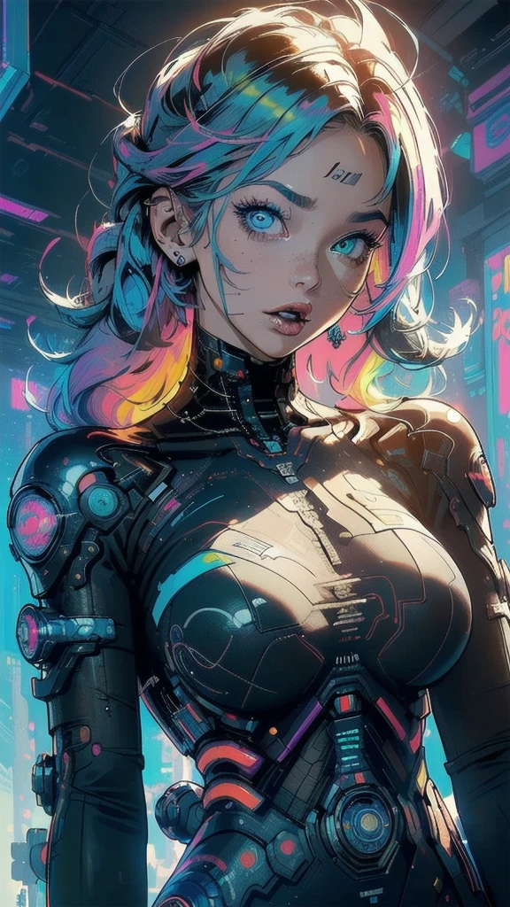 (masterpiece, top quality, best quality, official art, beautiful and aesthetic:1.2), (1girl:1.4), full body, ([pink|blue] hair), extreme detailed,(fractal art:1.3),colorful,highest detailed, cyberpunk, Maiden, looking at viewer, wide smile, seductive, neon background, neon city,night,(perfect breasts:1.5) , gothic lolita, high heels, nsfw,makeup,blush