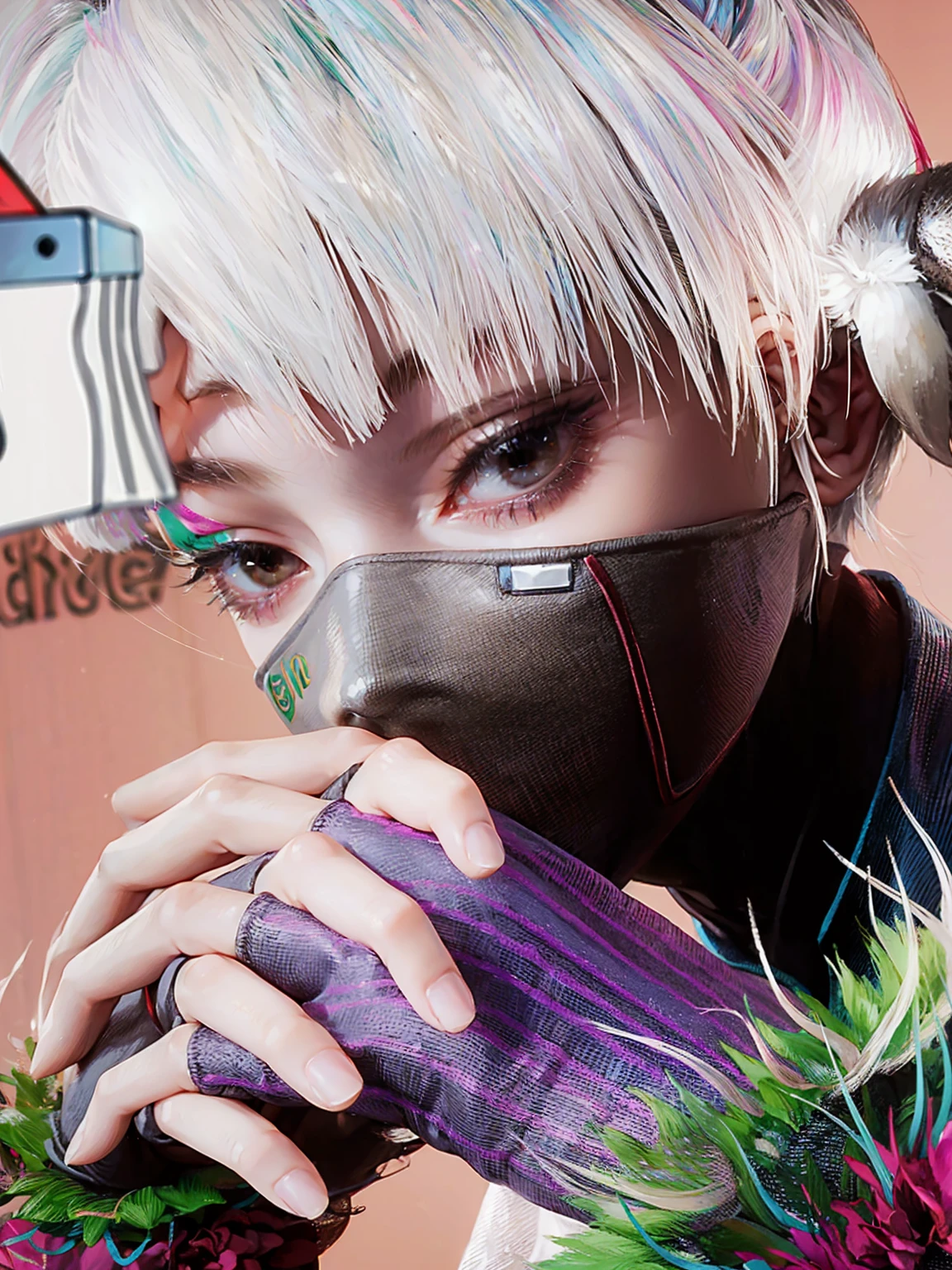Woman with pastel pink hair, green eyes with red ninja clothes and a man with gray hair and a half mask 