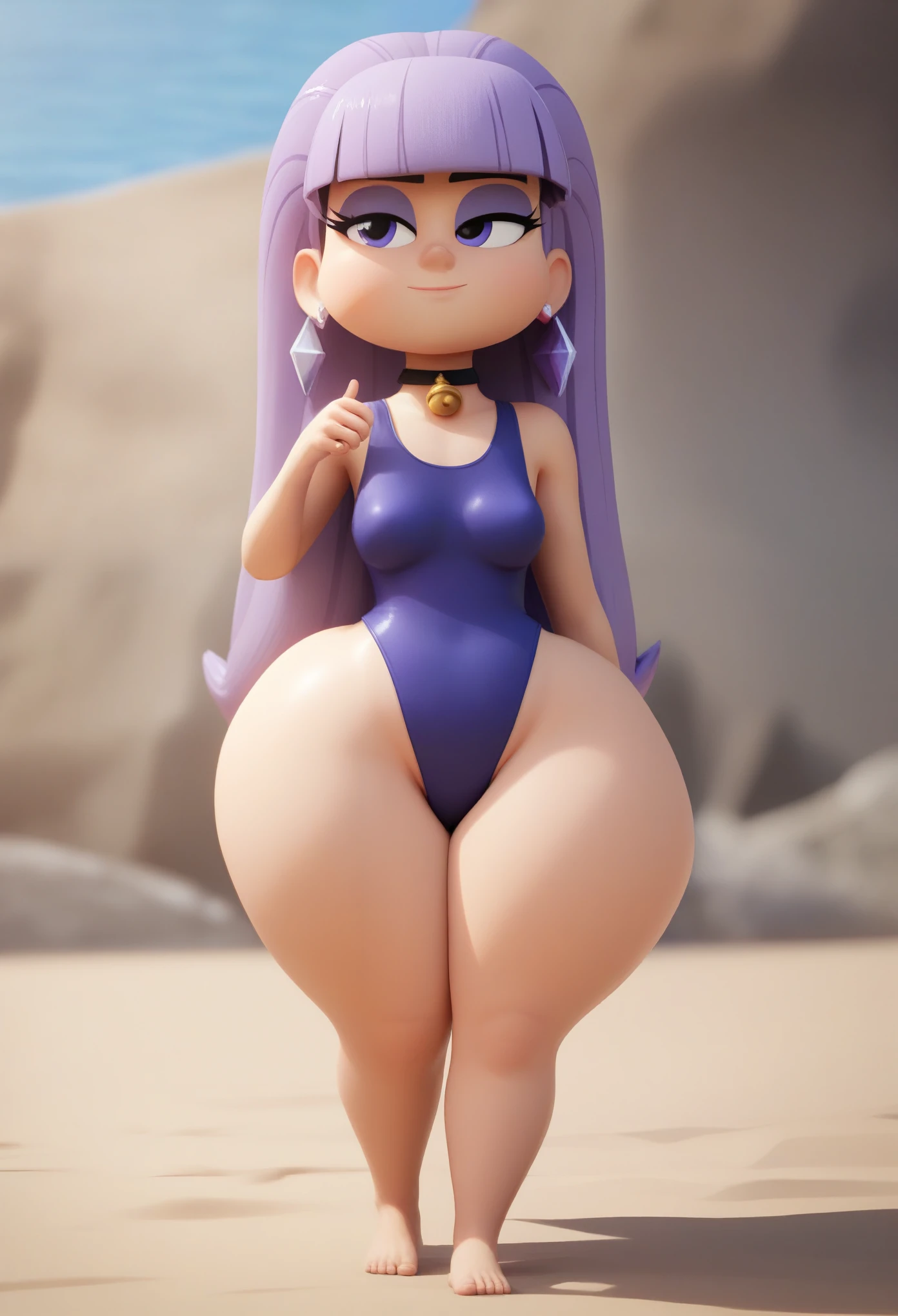 masterpiece, best quality, beautiful, looking at viewer, crisp, clear, cute, medium breast, perfect body, 1girl, solo, beach background, sunny, palm trees, smile, belly dancer, standing, long purple hair, green eyes, sexy, stylized, bedroom eyes, tiki bar, big belly, vore, belly dancer outfit, sfw