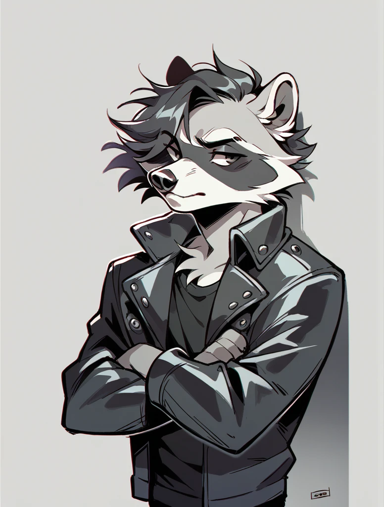 A black and white raccoon in a leather jacket, hairstyle (mane), Leaning against the wall, proud look, Powerful, with arms crossed, night low lighting.