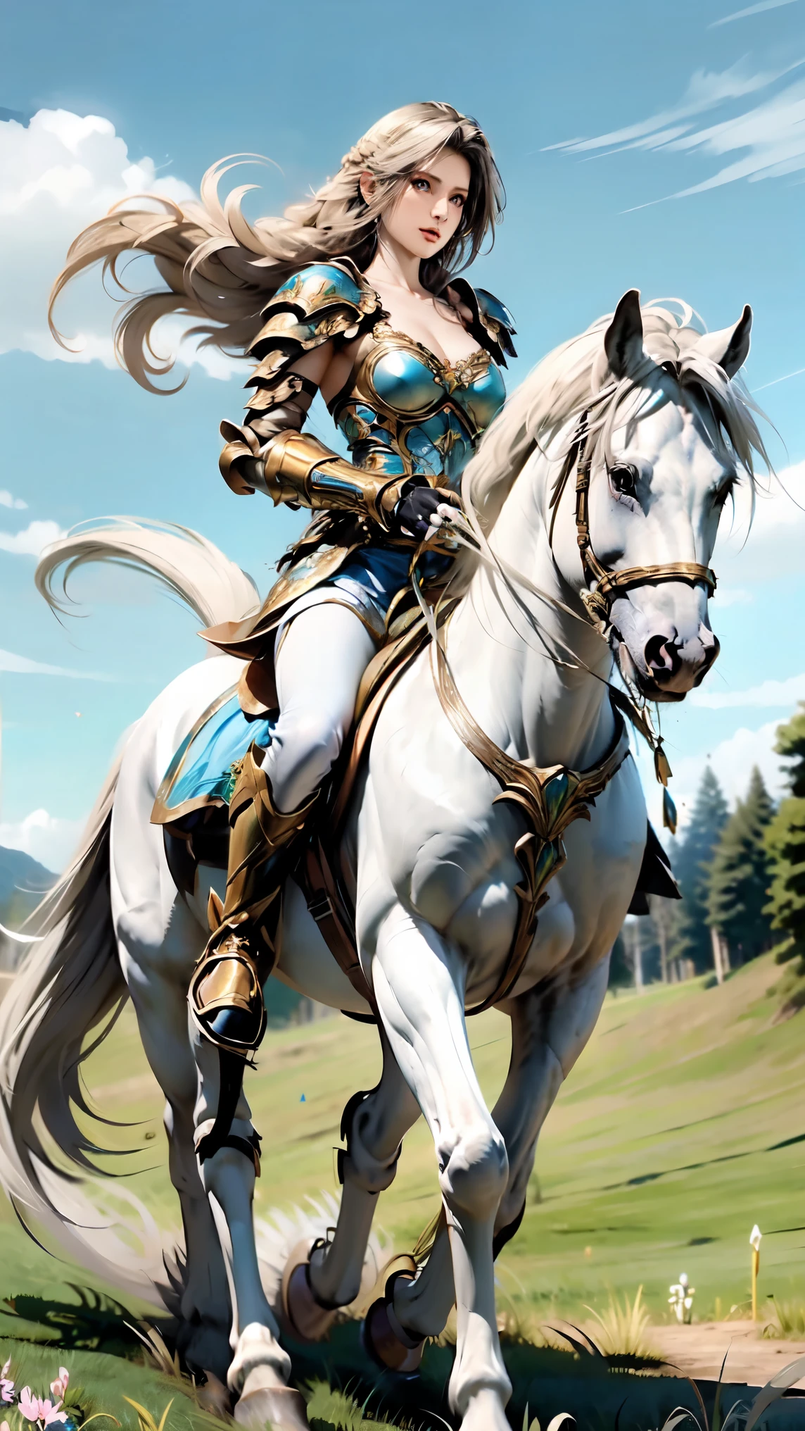 helena,((best quality)), ((anime masterpiece)), (high detailed), 8k, cinematic lighting, perfect face, a young female knight riding a HORSE, (green eyes, long hair, {blonde hair}, medium breast, cleavage), (helena, white armor, silver shoulder pads, gauntlet, white glove, miniskirt, armored boots), ((white horse:1.2, {white mane}, white tail, saddle, blanket, reins, bridle, stirrups)), FULL BODY, in the grassland, blue sky, solo, medieval fantasy settings,  anatomically correct