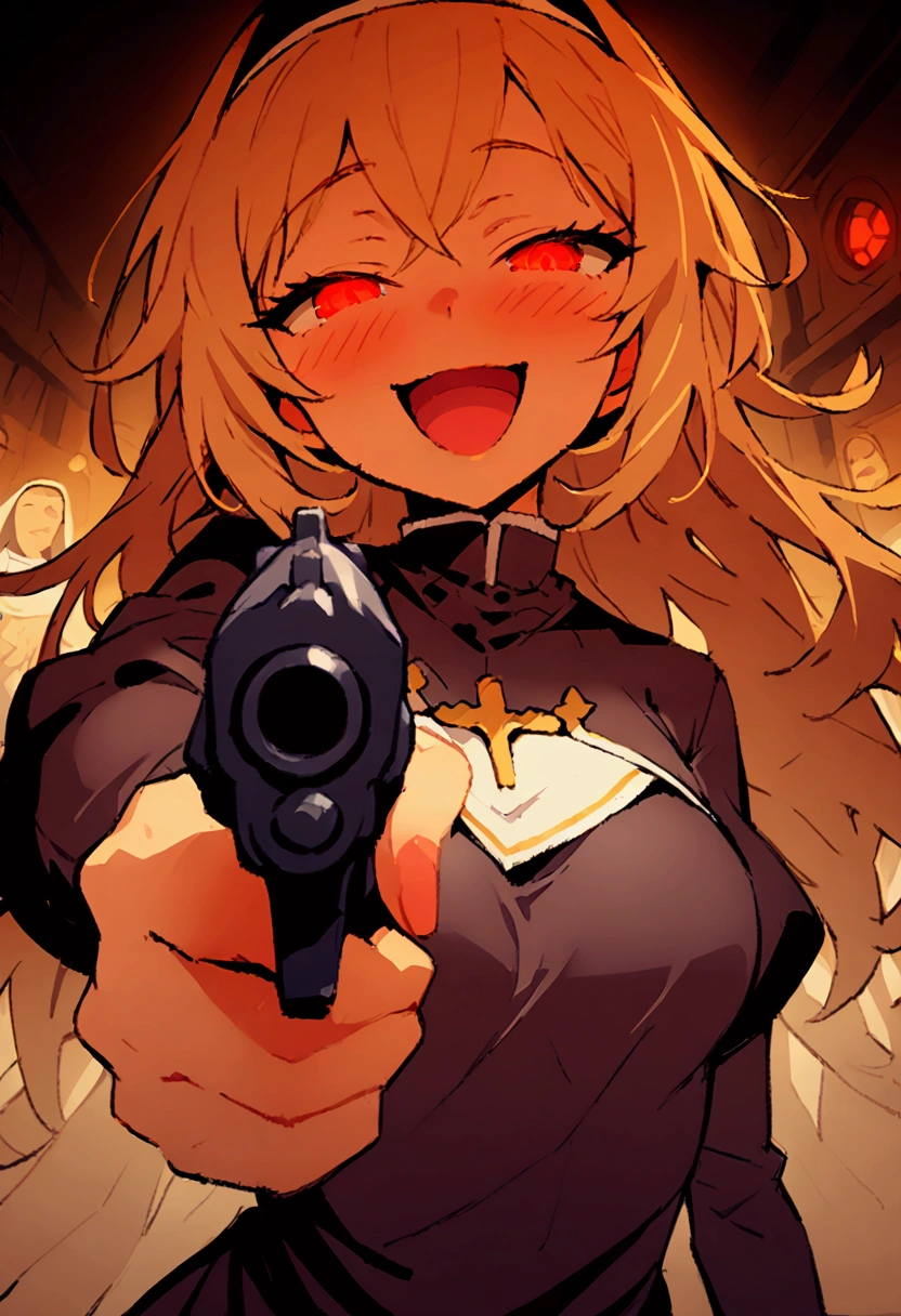 超detailed、Best Quality、masterpiece、 cartoon style、detailed、Best Quality、masterpiece、a girl、Beige Hair、smile、Half-closed eyes、Red glowing eyes、Nuns、pointing pistol、Pistol、Open Mouth