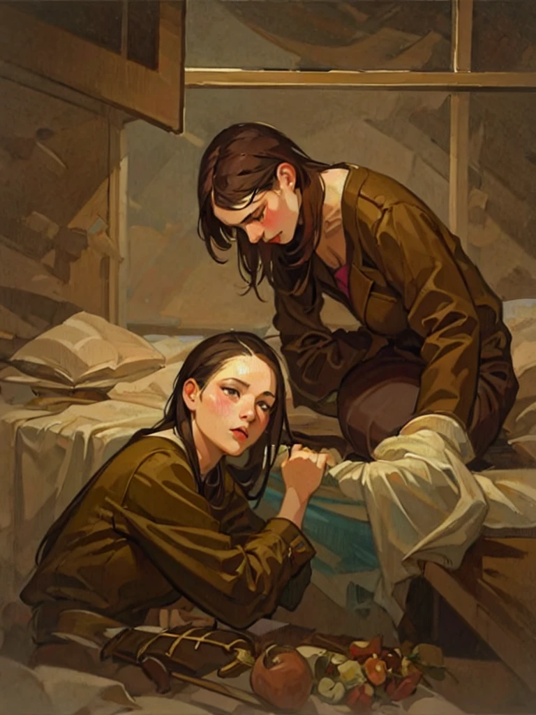 (masterpiece, best quality:1.2), 2girls, , in drkiridescentrealm style, stylized, gouache painting