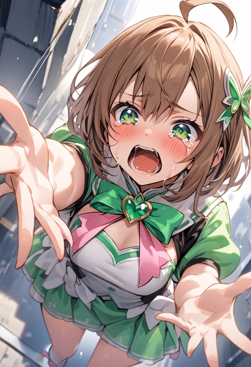 Best Quality、 angle from above 、One Girl、Magical Girl、mini skirt、Brown Hair、short hair、Ahoge、green eyes、cry