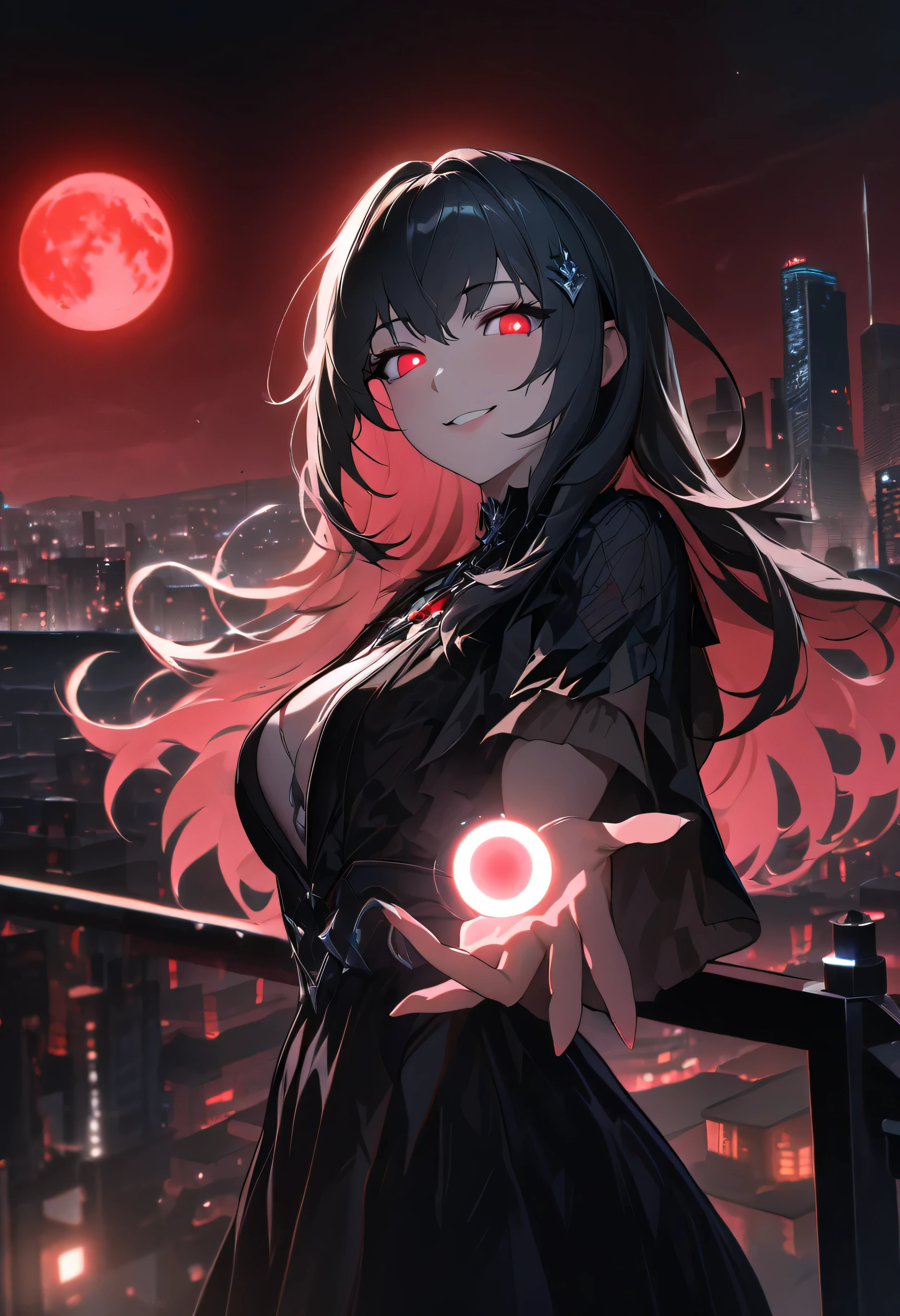 quality, semi-realistic anime, masterpiece, best quality, detailed picture, HD32k, SPPolitis, 1girl, left hand infront of camera, red light circle aura in girl left hand, looking at viewer, rooftop, night, cityscape, neoncity, 1 moon, red moon, glowing eyes, smile
