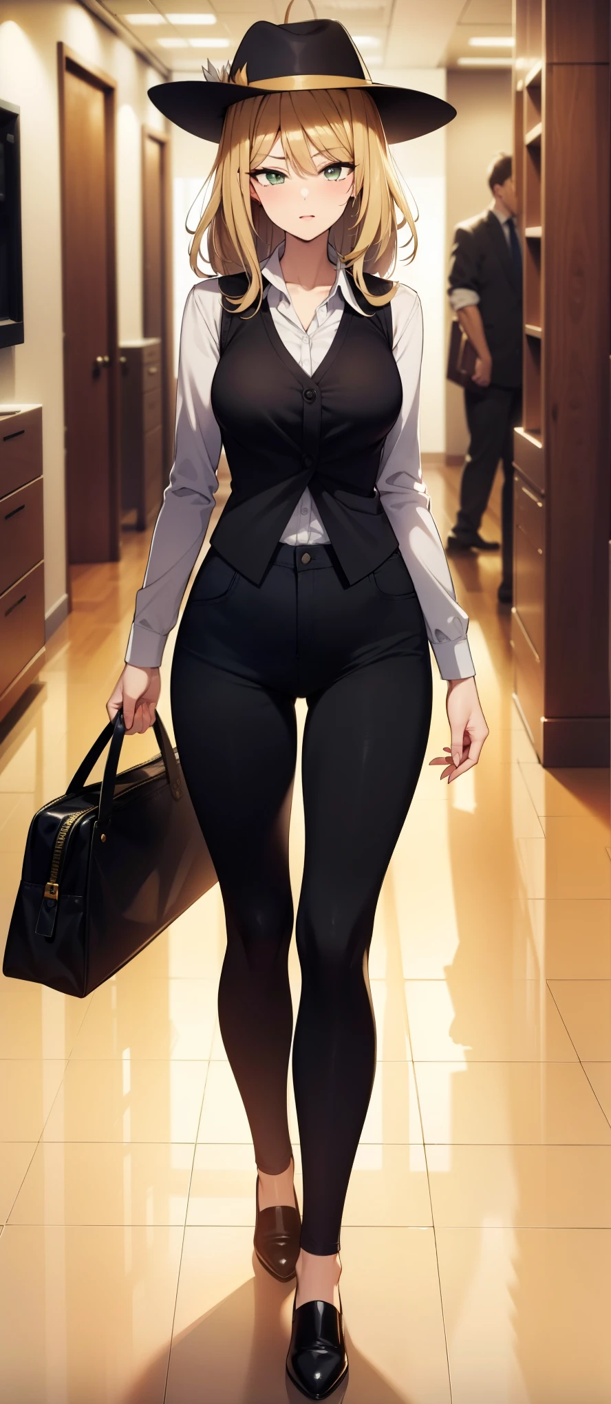 (masterpiece),(ultra-detailed), (high quality), (high resolution), (best quality:1.5, highres, UHD), highres, absurdo, ultra detail, ultra quality, Ultra resolution, 16k, 1girl, Fedora hat, tight pants, ((white tank top)), ((skimpyblack waistcoat)), ((marionette silhouette)) side swept bang, ((straw blonde colored hair)) lemon green eye color, ((full body)), (oval or office shaped face), mannequin skin, ((skinny over explicit body)) Carlyle of hay, sleuth detective, detailed pupils